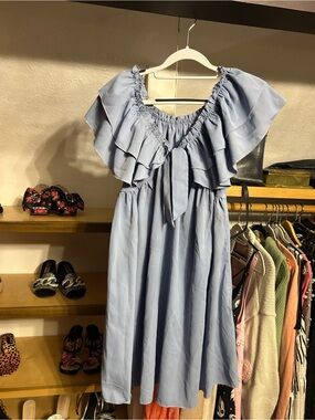 Handmade Light Blue Ruffle Babydoll Off-Shoulder Boatneck Dress